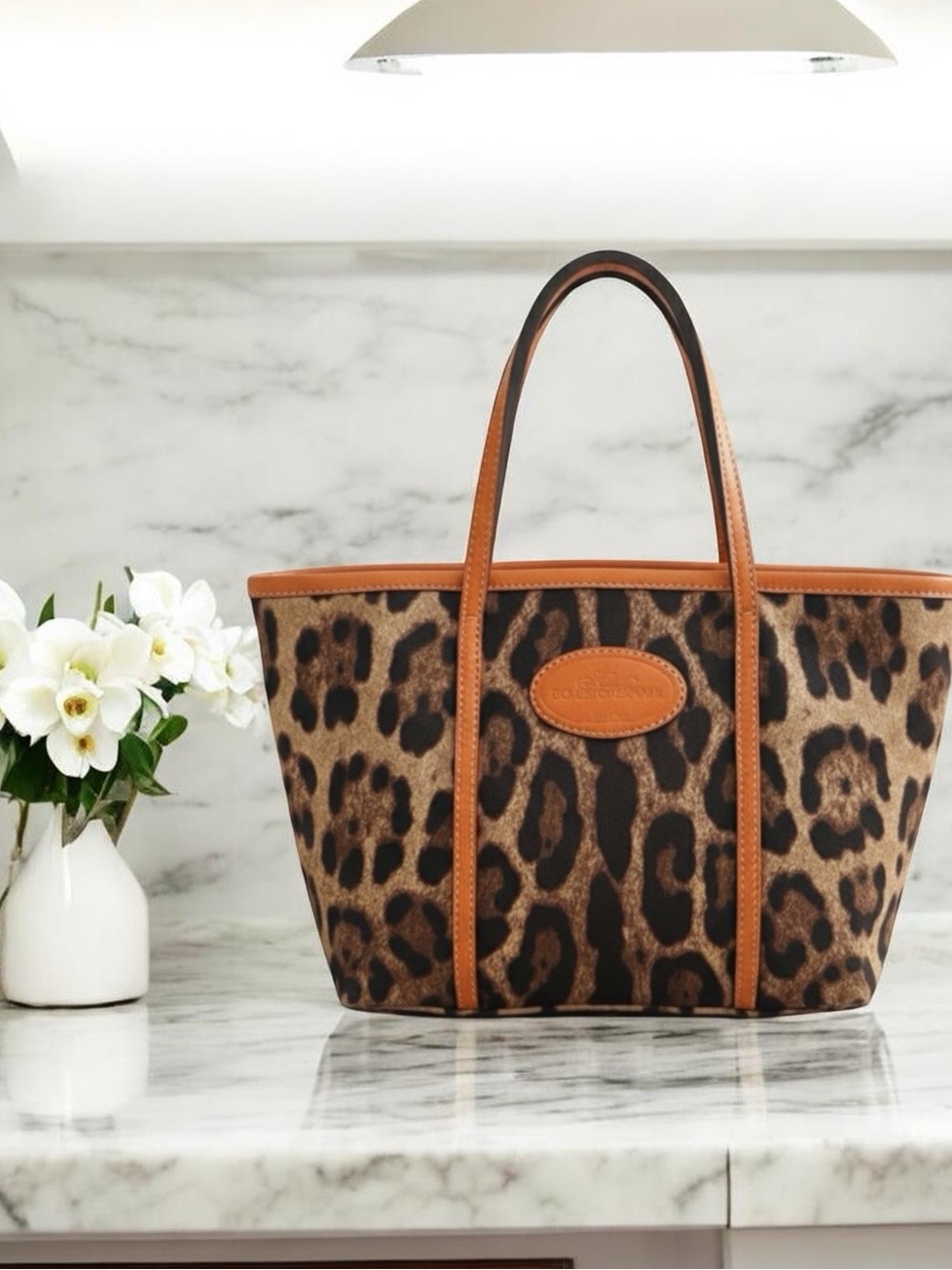 Dolce & Gabbana Leopard Print Canvas Leather Trim Tote Italy